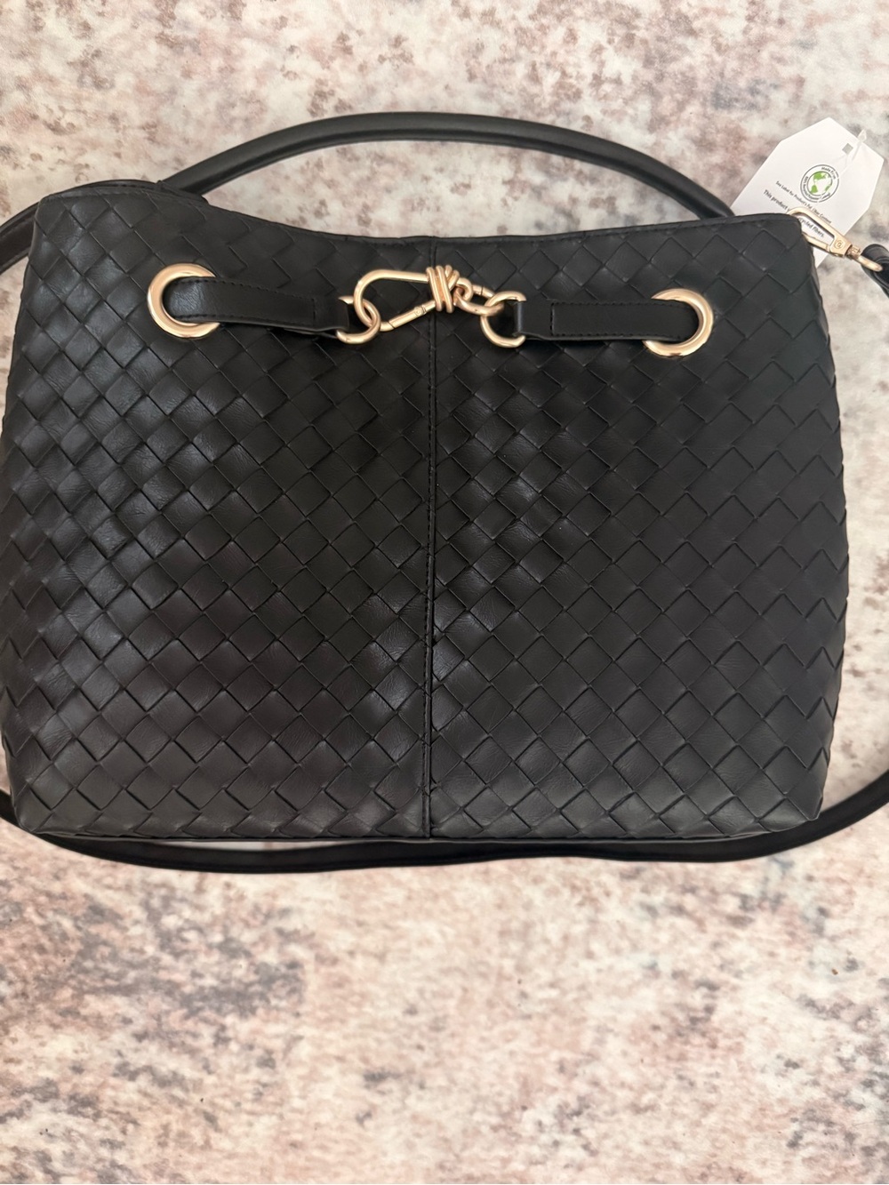 Black Woven Shoulder Bag with Gold Hardware